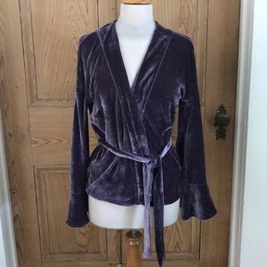 Amethyst velvet wrap jacket, small, $25. New.